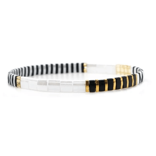 Tile Bead Stretch Bracelet - Black, Gold & White