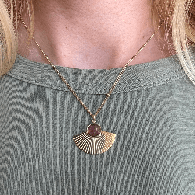 Amethyst Fan Stainless Steel Necklace