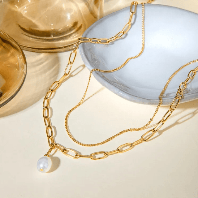 Paperclip Chain and Pearl Layered Stainless Steel Necklace
