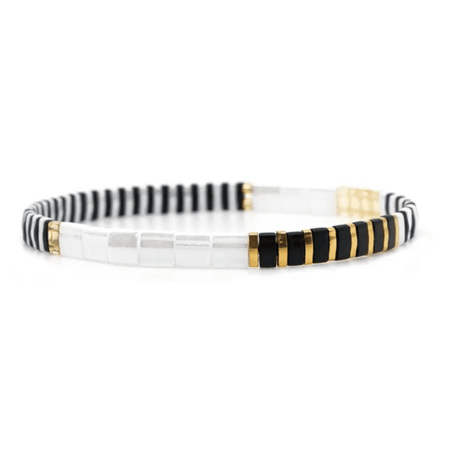 Tile Bead Stretch Bracelet - Black, Gold &amp; White